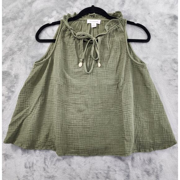 Calligraphie Ruffled Tie Neck Sleeveless Swing Tank Top Size S Green Seashell - Picture 1 of 8